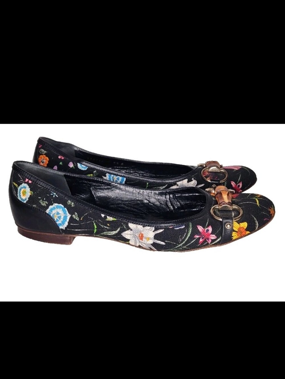 Gucci Floral Flats Horse-bit Leather Fabric Black Shoes Bamboo Detail Italy9.5 B - Picture 5 of 15